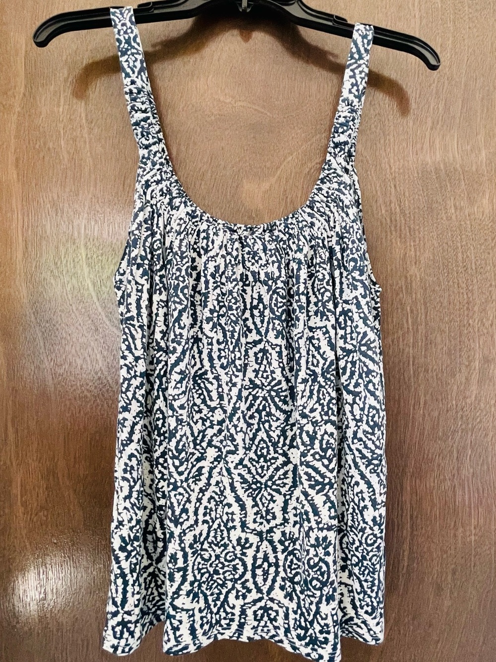 Joie Blue and White Batik Printed Scoop Neck Tank with ruched straps/chest.